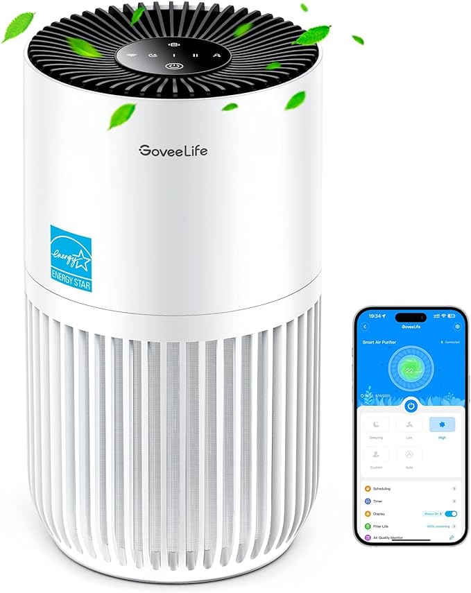GoveeLife Mini Air Purifier for Bedroom, Smart Filter Air Purifier with App Alexa Control for Pet Hair, Odors, Pollen, Smoke, Portable Air Cleaner with 3 Speeds, 2 Modes, Timer, Aroma for Home-PawvioPets