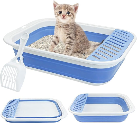 Fhiny Cat Litter Box Portable Shallow Litter Box 17.7"x13.4"x4.9" Foldable Cat Toilet with Scoop Open Kitty Potty Pan with Litter Drop Pedal Easy to Clean Travel Kitten Toilet(Blue)-PawvioPets