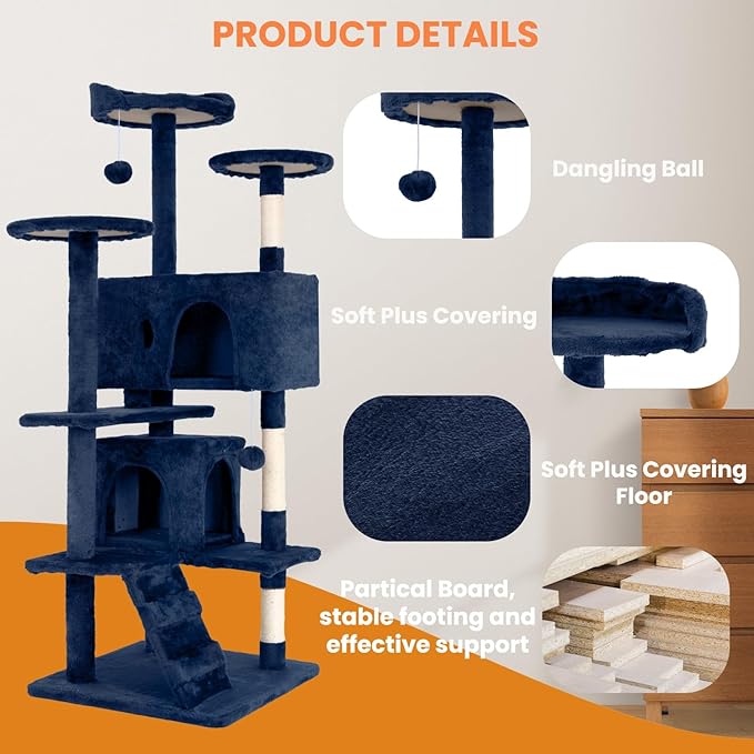 54.7 inches Cat Tower - Multi-Level Cat Condo with Scratching Posts, Hanging Toys, Navy Blue-PawvioPets