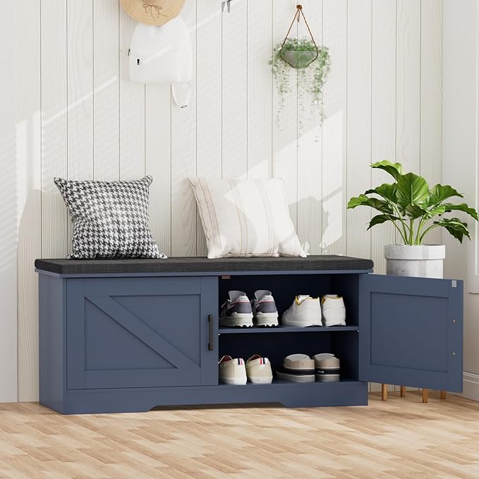 2-Tier Storage Bench, Shoe Bench with Padded Seat Cushion, Entryway Bench with 2 Barn Doors, Adjustable Shelf, 13.8" D x 39.4" W x 17.7" H, for Entryway, Living Room, Bedroom, Blue-PawvioPets