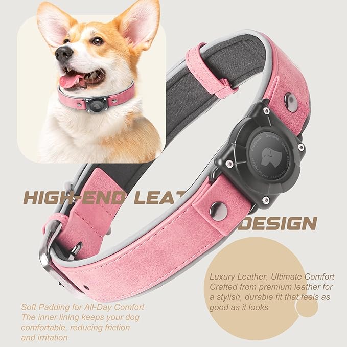 AirTag Dog Collar - Leather Dog Collar with Air Tag Holder | IPX8 Waterproof, Reflective, High - End, Adjustable Soft Padded | Dog GPS Tracker Collars Fit for Medium Large Dogs (Pink, M(12.5"-17.3"))-PawvioPets