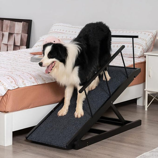 Dog Ramp for Bed Couch - Pet Steps Stairs to Get on Bed Couch 15.7"-23.6" High for Small or Large Dog Up to 200 lbs, Adjustable Wooden Dog Ramp Steps Foldable Portable, Anti-Slip Carpet (Black)-PawvioPets
