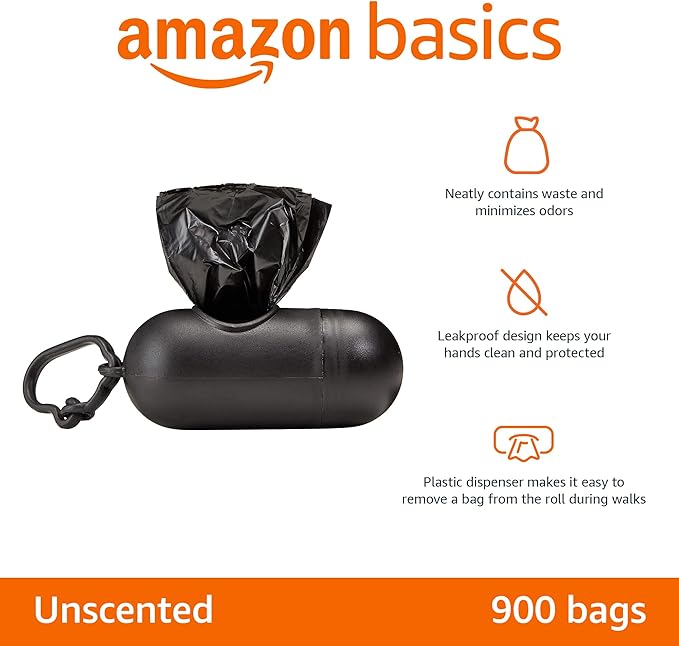 Amazon Basics Dog Poop Bags with Dispenser, 900 Count, Enhanced for Guaranteed Leakproof, Unscented, Includes Leash Clip-PawvioPets