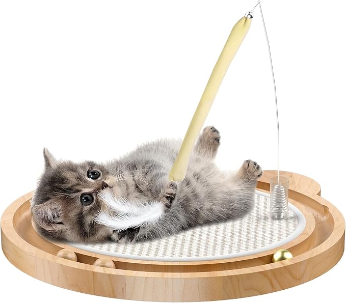 3-in-1 Cat Toys, Scratcher, Toys for Indoor Cats, Natural Sisal Scratching Board, Kitten Interactive with Ball Track & Retractable Wand Toy & Feather-PawvioPets