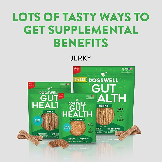DOGSWELL Gut Health Mini Jerky Functional Dog Treats, Lamb 4 oz. Bag-PawvioPets
