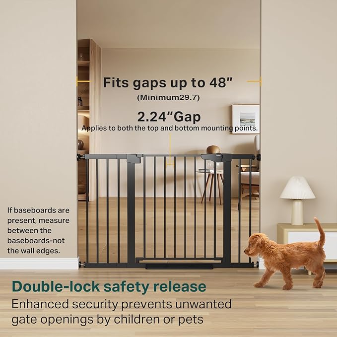 Cumbor 29.7-48" Baby Gate for Stairs, Mom's Choice Awards Winner-Dog Gate for Doorways, Auto Close Safety Pet Gate for Dogs Indoor, Easy Install Pressure Mounted Child Gate with Walk Thru Door, Black-PawvioPets