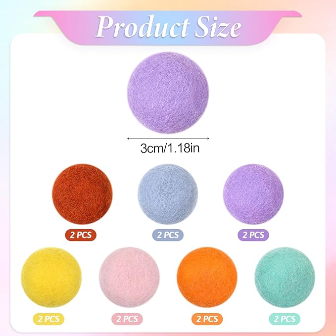 14 PCS Wool Cat Ball Toys, Quiet Play Felt Cat Ball Toys Kitty Kicker Exercise Toy, Fun Colorful Kitty Kitten Toy for Interactive Kitten Balls for Indoor 1.2in-PawvioPets