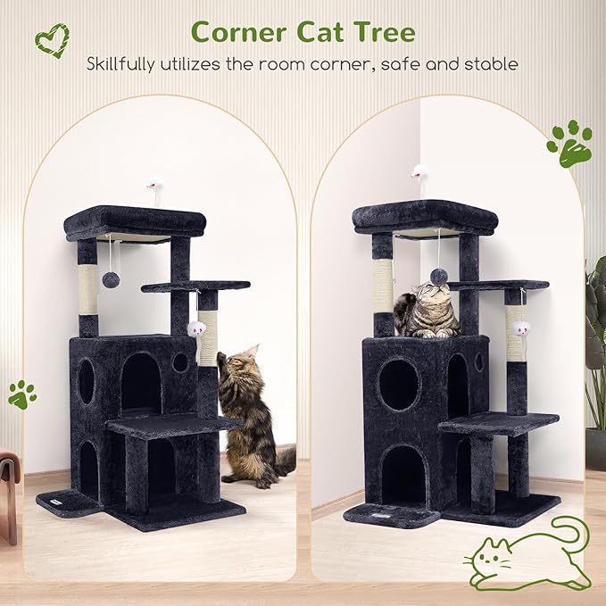 Globlazer Cat Tree Tower for Indoor Cats, 50-inch Adult Cat Tree House for Large Adult Cats with Steps, Scratching Post, 2 Cat Caves, Dangling Toys, FC50, Dark Grey-PawvioPets