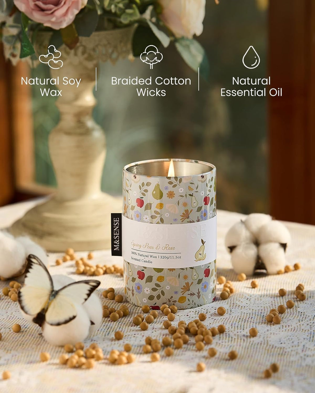 M&SENSE Spring Pear Rose Scented Candle, Medium Jar Candle 11.3oz Natural Soy Wax for Home Scented, Floral Candles Gift for Spring Holiday, Up to 70 Hours Burning Long-Lasting Fragrance