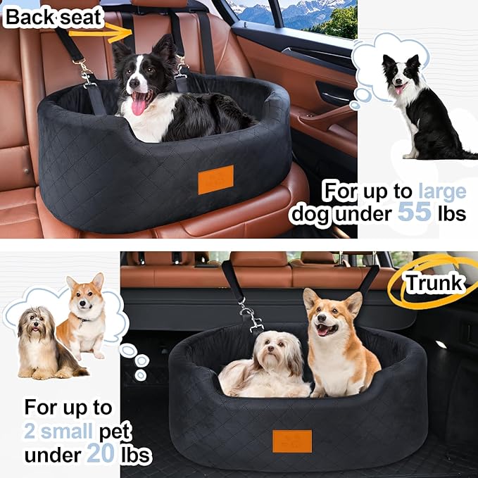 Dog Car Seat for Medium Dogs Up to 50 lbs, Pet Booster Seat for Cars SUVs and Trucks, Travel Dog Bed with Safety Strap, Thick Cushion, Non-Slip Base, Washable and Portable (Black)-PawvioPets