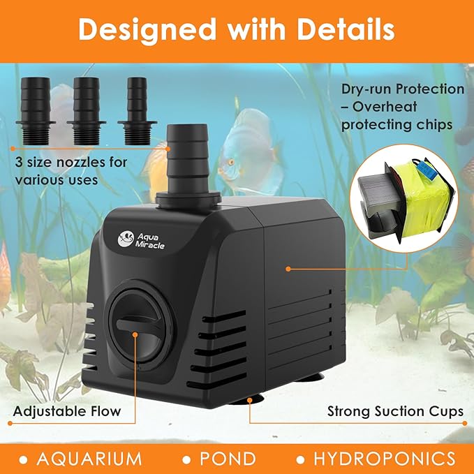 AquaMiracle Submersible Water Pump Aquarium Water Pump with Flow Control, Pond Pump Fountain Pump for Pond, Fountain, Waterfall, Statuary, Water feature, Hydroponics (400GPH, 25W)-PawvioPets