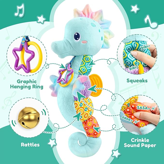 Baby Toys 0 to 12 Months, Musical Stuffed Animal Activity Soft Toys with Multi-Sensory Crinkle, Rattle and Textures, Infant Tummy Time Toys for Newborn Boys, Seahorse, Blue-PawvioPets