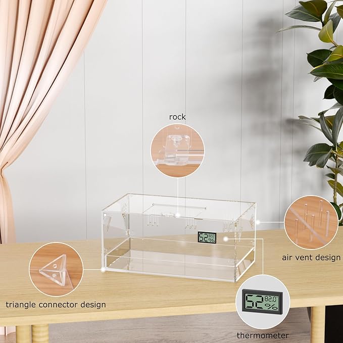 Acrylic Tarantula Enclosure, Reptile Terrarium Breeding Tank w/Temperature Hygrometer,Habitat Reptiles Feeding Box Isopod Terrarium Cage for Insect Lizard Home Office (Reptile-Tank-L(Tray))-PawvioPets