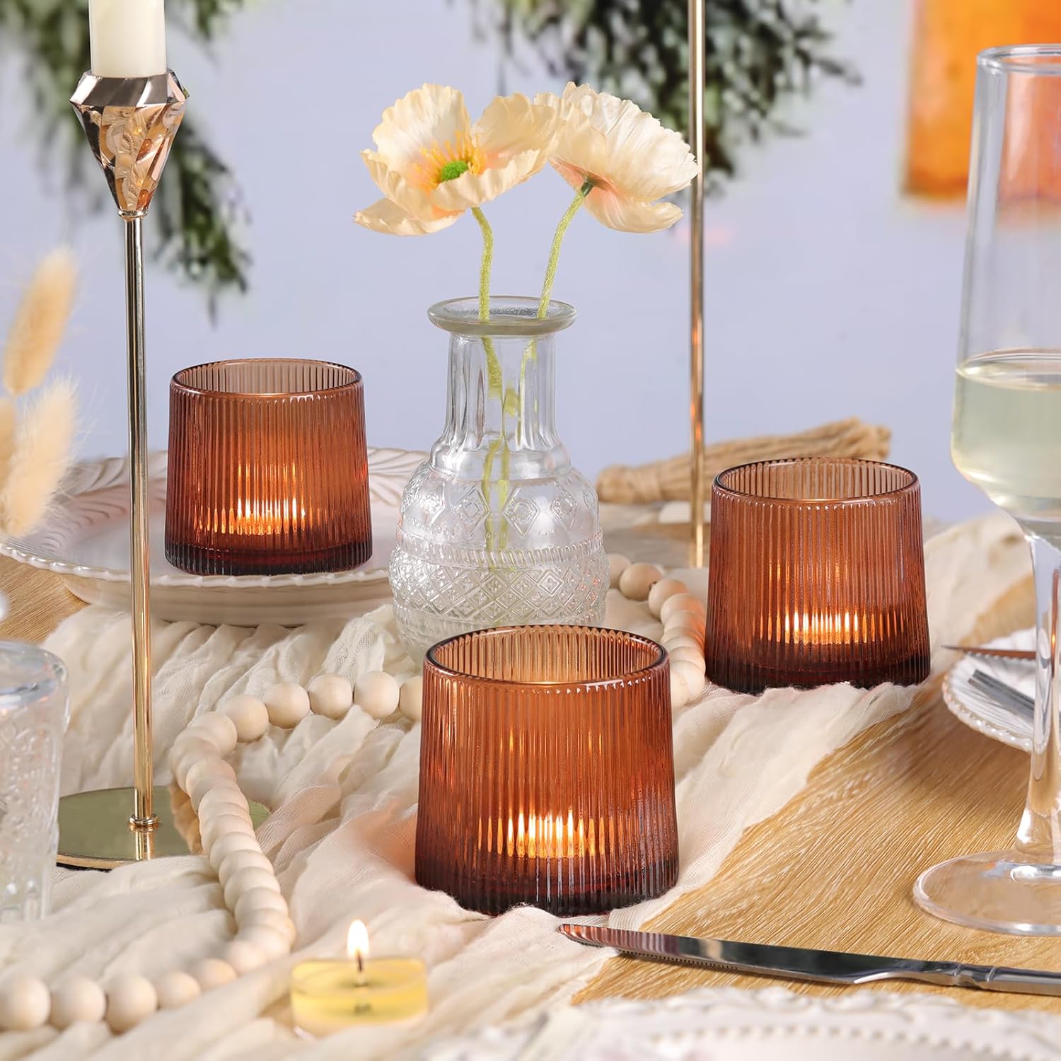 Amber Ribbed Tealight Votive Candle Holders Set of 10- Votive Candle Holders for Table Centerpiece, Tea Light Candle Holder Glass for Wedding and Home Decor, Blue Decor and Gifts