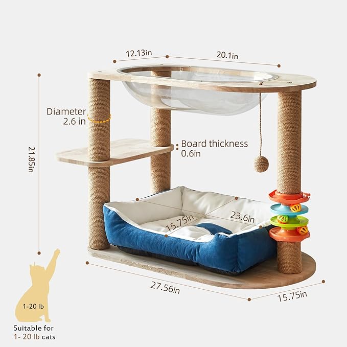 2 Tier Cat Tower,21.85 in cat Perch Wood cat condo with Hammock and Sisal Rope Scratcher Post Hanging Toy Balls for Indoor Large Cats Kittens (Blue)-PawvioPets