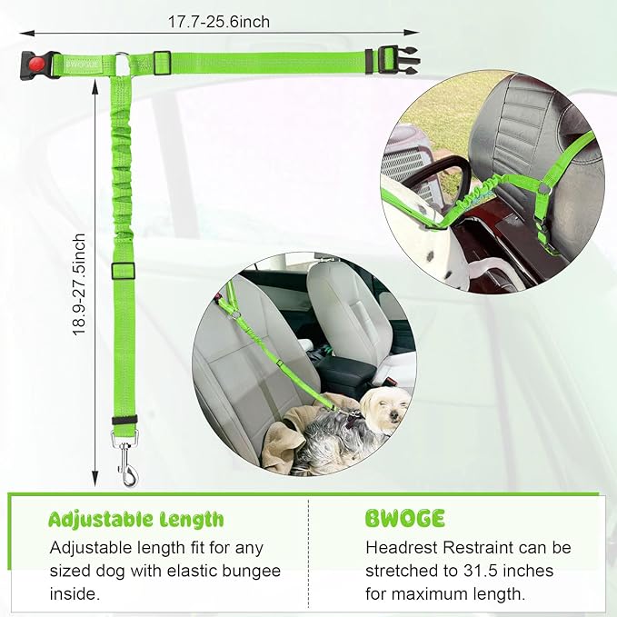 BWOGUE Pet Dog Cat Seat Belt Reflective Car Dog Headrest Restraint Leash Elastic Buffer Bungee Adjustable Tangle-Free Safety Leads Vehicle Seatbelt Harness for Small, Medium and Large Dogs (1 Pack)-PawvioPets