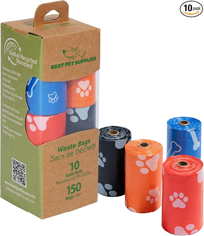 Best Pet Supplies Poop Bags for Dogs, 50% Post-Consumer Recycled Content dog waste bags on rolls, fits all poop bag holders for leashes - 150 Count, Assorted Colors, Scented-PawvioPets