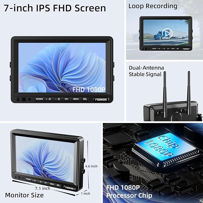 Fookoo HD Magnetic Wireless Backup Camera, 1080P 7" Dual Split Monitor & Rechargeable Rear View Cameras, Lower Consumption 1-Min Installation No Drilling Recording for RV Trailer Truck Camper DCX702-PawvioPets