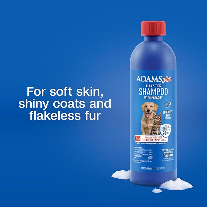 Adams Plus Flea & Tick Shampoo with Precor for Cats, Kittens, Dogs & Puppies Over 12 Weeks Of Age Sensitive Skin Flea Treatment | Kills Adult Fleas, Flea Eggs, Ticks, and Lice| 12 Ounces-PawvioPets