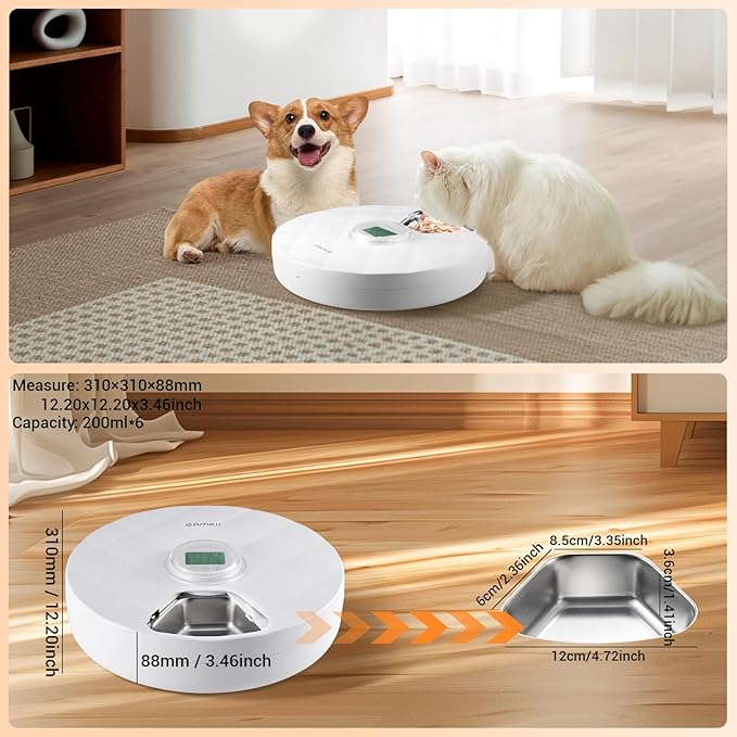 Automatic Cat Feeder Wet Food, Battery Operated Auto Feeder with 2 Ice Packs, Digital Cordless Pet Fresh Food Bowl with Timer and Memory Function for Cats Small Dogs (6-Meal Stainless Steel)-PawvioPets