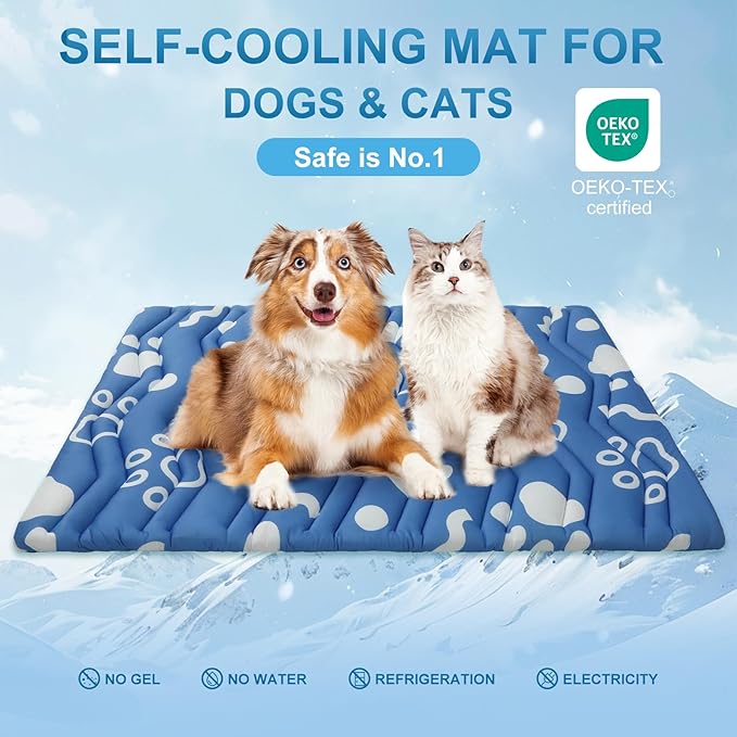 BEAUTYZOO Dog Cooling Mat- Upgraded Thicken Cooling Mat for Large Dogs Reversible(Cool & Warm) Pet Ice Cool Bed Washable & Portable, Summer Crate Pad for Big Dog Puppy Up to 44 lbs, Paw Blue 36X23IN-PawvioPets