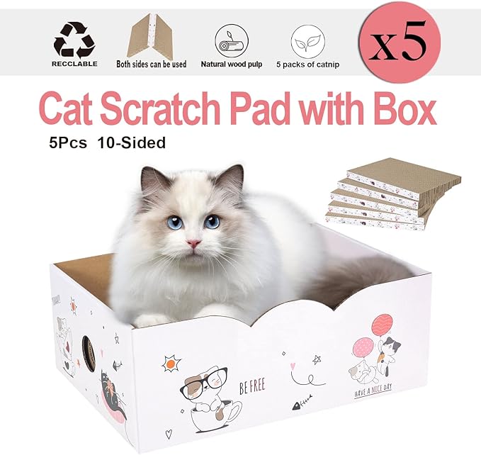 5 Packs in 1 Cat Scratch Pad with Box, Cat Scratcher Cardboard,Reversible,Durable Recyclable Cardboard, Suitable for Cats to Rest, Grind Claws and Play with Scratch Box-PawvioPets