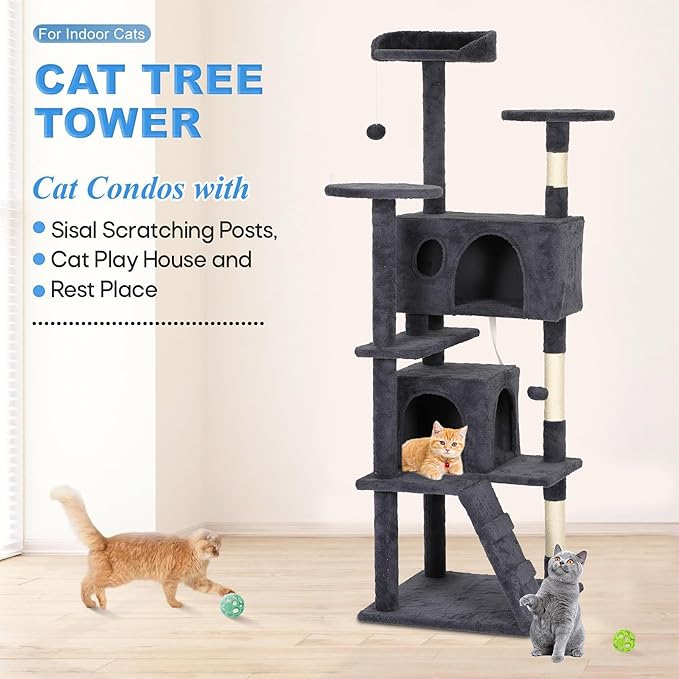FDW Cat Tree Tower 62in Multi-Level Durable Cat Scratching Post & Cozy Fun Jumping Platform Space Saving Condo Pet Play House for Indoor Cats,Dark Gray-PawvioPets
