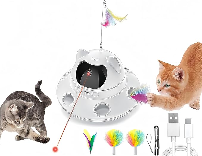 3-in-1 Cat Laser Toy & Interactive Automatic Motion-Activated Kitten Toy – 6 Holes Whack-A-Mole Feather & Moving Ambush Fun – USB Rechargeable, Apply to – Indoor Exercise for Cats of All Breeds-PawvioPets