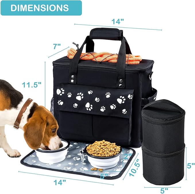 Dog Travel Bag, Airline Approved Dogs Bags for Traveling, 2 Dog 's Food Travel Container and Collapsible Bowls, Weekend Pet Travel Bags-PawvioPets