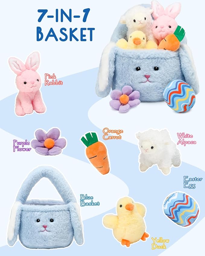 7 Piece Plush Stuffed Animals Playset Toys with Rabbit, Chick, Lamb, Carrot, Egg, Flower, Furry Bag, Soft Basket Set Toys for Girls Kids Ages 3+, Birthday Christmas Valentines Easter Party Favors-PawvioPets