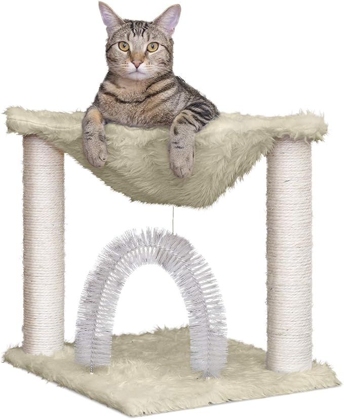 Furhaven 15.75" Tall Playground for Indoor Cats, Ft. Sisal Scratching Posts, Self-Grooming Brush, & Toy - Tiger Tough Hammock Interactive Playground - Cream, One Size-PawvioPets