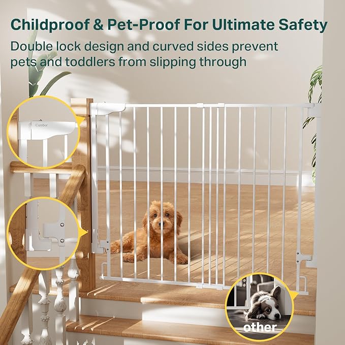 Cumbor 34" Extra Tall No Bottom Bar Baby Gate for Stairs, Auto Close Dog Gate Indoor for Larger Pets, 29.2-43" Hardware Mounted Safety Gate for Doorways, Wide Walk Thru Door for Easy Access (White)-PawvioPets