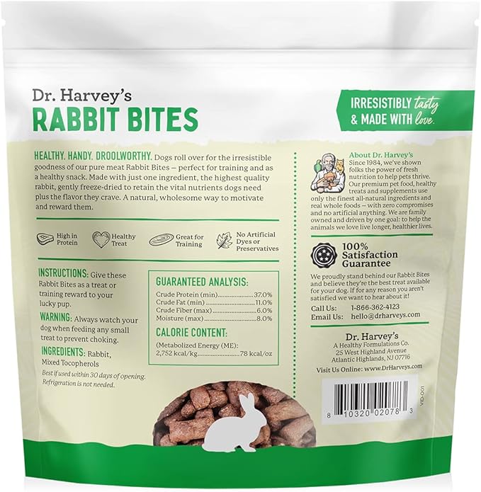 Dr. Harvey's Rabbit Bites Freeze-Dried Raw Dog Treats, Single Ingredient, All-Natural Rabbit Meat Protein for Dogs, Allergen-Free, 7 Ounces (1 Pack)-PawvioPets