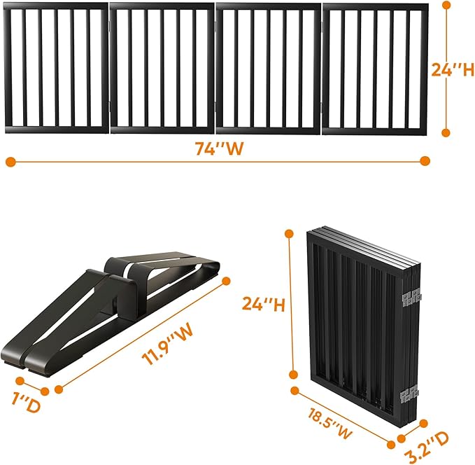 Black 37-74" Dog Gate Foldable Dog Gates for Doorways Stairs House Freestanding Pet Gate Puppy Barries 24 inches Tall-PawvioPets