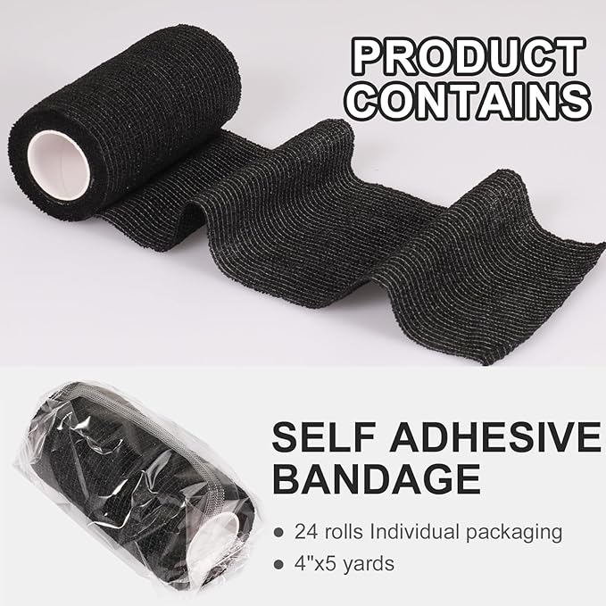 24 Pack Self Adhesive Bandage Wrap, 4” x 5 Yards Cohesive Medical Tape Elastic Grip Tape Black Sports Tape Athletic for Ankle, Wrist Sprains, Pet First Aid (Black, 4 Inch)-PawvioPets