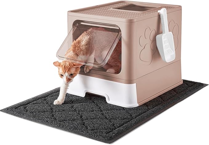 Cat Litter Box with X-Large Litter Mat and Scoop, Large Foldable Litter Box with Lid, Enclosed Kitty Box,Front Top Entry Exit, Odor Control Easy to Clean (Upgrade Coffee)-PawvioPets