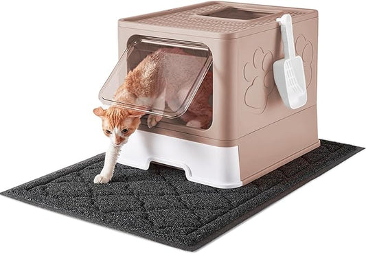 Cat Litter Box with X-Large Litter Mat and Scoop, Large Foldable Litter Box with Lid, Enclosed Kitty Box,Front Top Entry Exit, Odor Control Easy to Clean (Upgrade Coffee)-PawvioPets