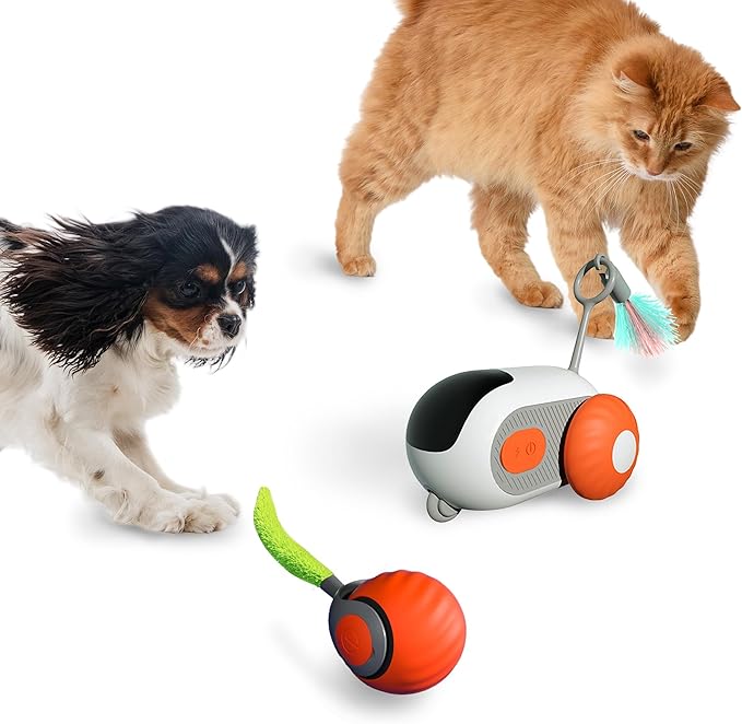 1pc Interactive Automatic Remote Control Cat Mice Car Toy and 1pc Smart Electric Moving Speedy Cat Ball Toy with Feather Tail, Suitable for Dogs, Keep Busy, Stimulating, Rechargeable (orange)-PawvioPets