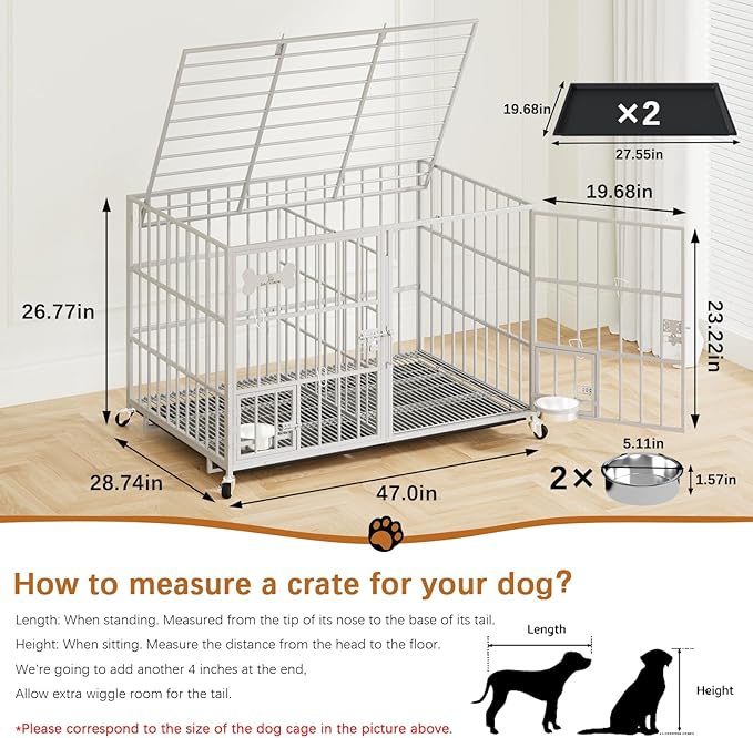 aboxoo 48/42 inch Heavy Duty Metal Dog Crate for 2 Dogs/Large Dog,All Metal Open Top,Dog Kennel Indoor with Wheels,Floor Grid, Tray, Divider and Feeding Bowl (Sliver)-PawvioPets