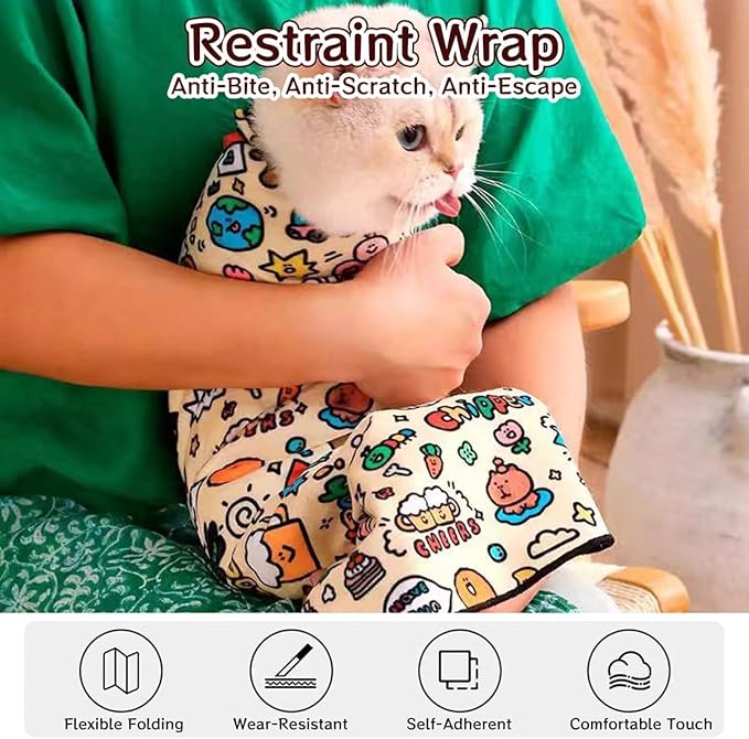 Cat Grooming Wrap – Self-Adherent Anti-Scratch Swaddle Restraint Bag for Nail Cutting, Medication, Multifunctional Care - Calm Cozy Burrito Papoose Pet Magic Blanket (27.6 Inches within 11.1lbs)-PawvioPets