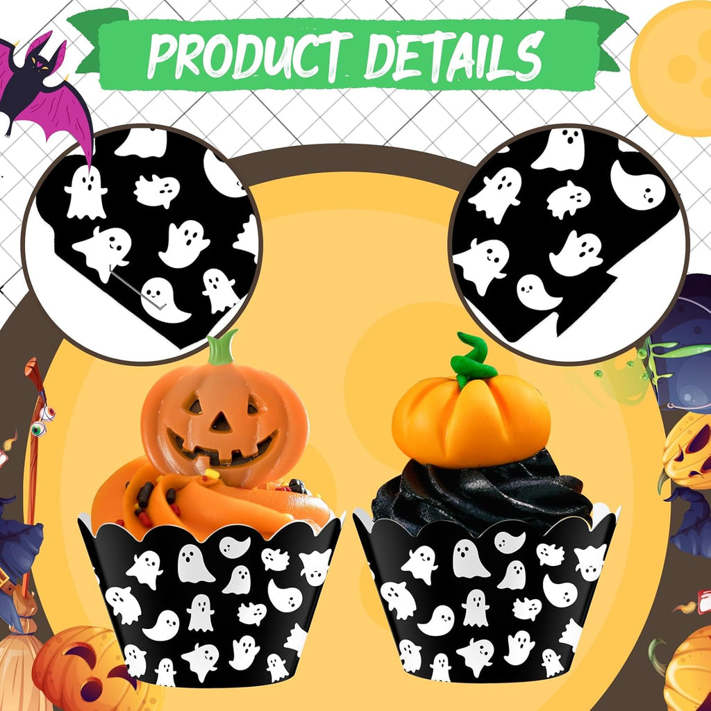 Domensi 100 Pcs Halloween Ghost Cupcake Wrappers Cupcake Liners Ghost Baking Cups Baking Liners for Wedding Bridal Baby Shower Birthday Halloween Party Supplies Dessert Decoration