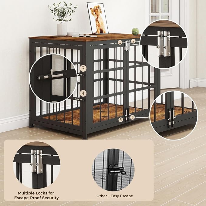 32 Inch Heavy Duty Wooden Dog Kennel End Table with Double Door Design and Secure Locks, Indoor Pet Crate Furniture for Medium Dogs, Decorative Home Cage Design,Aged Black-PawvioPets