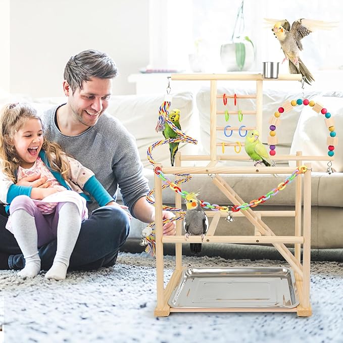 Bird Playground, Parrots Playstand for Small to Medium Birds, Perch Stand with 3 Ladders Playgym with Rope Perch, Swings Feeder Cups Bird Cage Accessories for Conure Cockatiel Lovebirds-PawvioPets