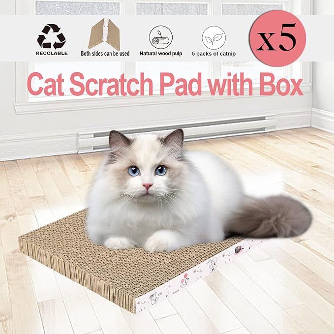 5 Packs in 1 Cat Scratch Pad with Box, Cat Scratcher Cardboard,Reversible,Durable Recyclable Cardboard, Suitable for Cats to Rest, Grind Claws and Play with Scratch Box-PawvioPets