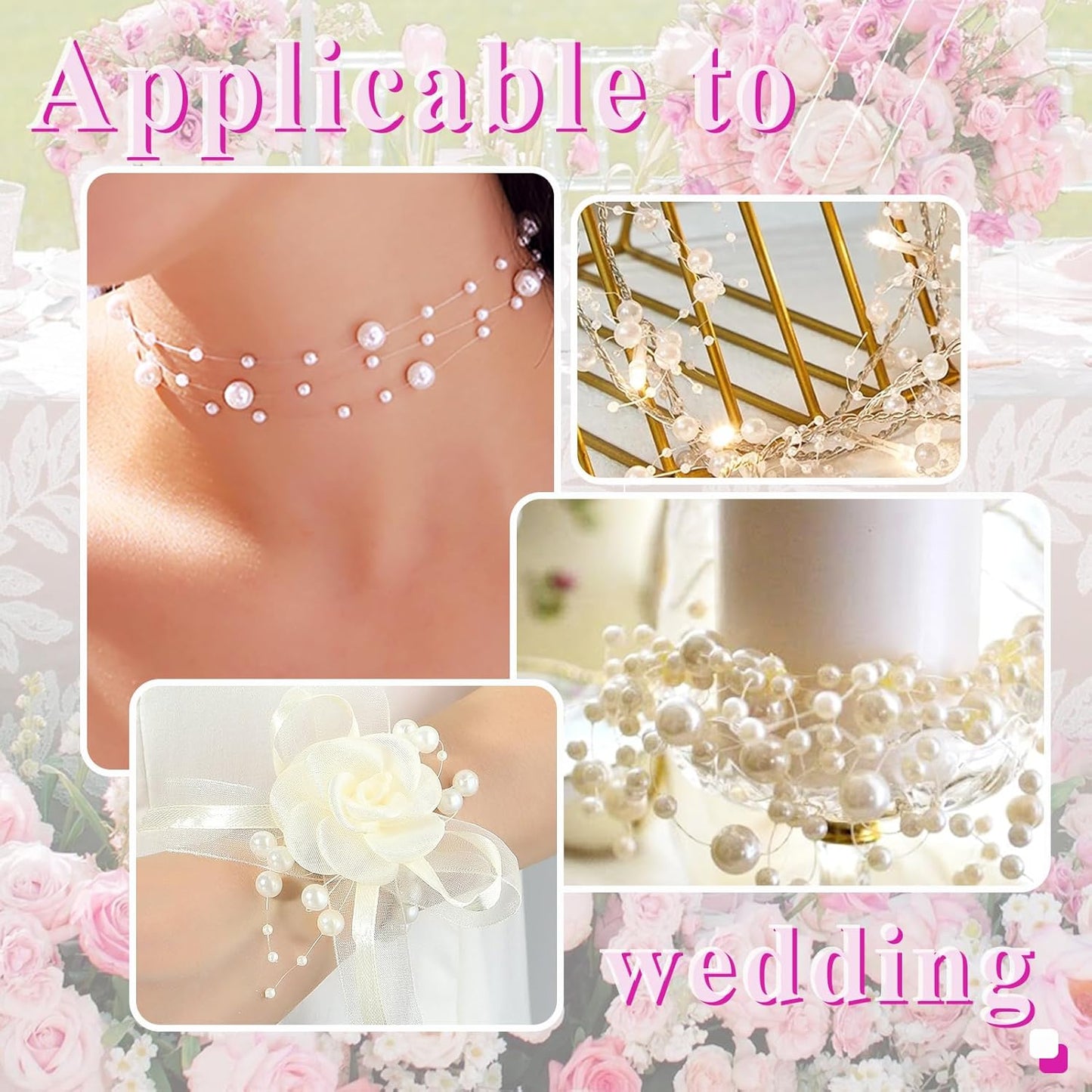 99 Feet Fishing Line Artifical Pearl Strings for Crafting, Faux Pearl Garland Strands for Floating Candle Vases Filler Wedding Centerpiece Bouquet Christmas Tree Party Decoration, White