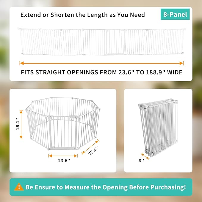 Extra Wide Baby Gate, 30" Tall 189" Wide Configurable Baby Gate Fireplace Safety Fence, Metal Pet Safety Playpen for Toddler/Pet/Dog Christmas Tree Fence (Whtie, 8-Panel)-PawvioPets