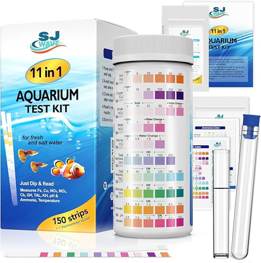 11 in 1 - Aquarium Test Strips | 950 Tests - 150 Strips | Fish Tank Aquariums Water Test Kit & ebook | Aquarium Thermometer | Fish Tank Water Testing Kit Includes 50 Ammonia Strips | Versatile Usage-PawvioPets
