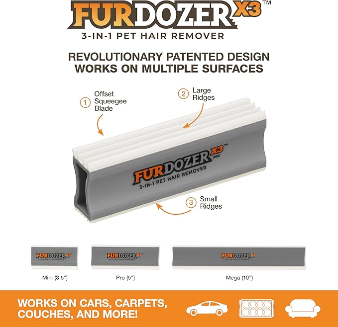 FurDozer X3 PRO Pet Hair Remover & Auto Detailing Tool - Cat & Dog Hair Remover for Carpets, Car Interiors, Couches, Bedding, & Furniture - Reusable Pet Hair Removal Tool for Dog Fur & Lint, 5", Grey-PawvioPets