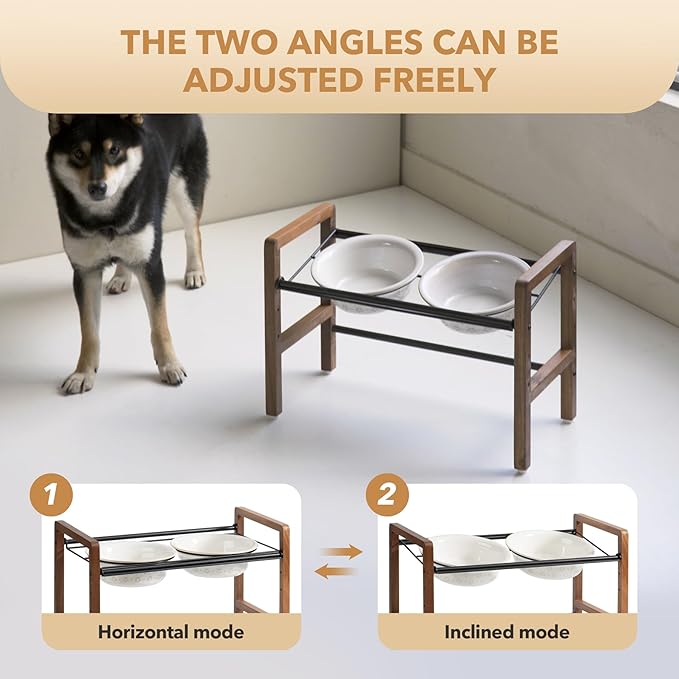7.1inch Ceramic Adjustable Raised Double Bowls Set with Stand, 3 Heights Elevated, 2 Placement Options,Food and Water Bowls for Medium and Large Dog(Reactived Glaze -White)-PawvioPets