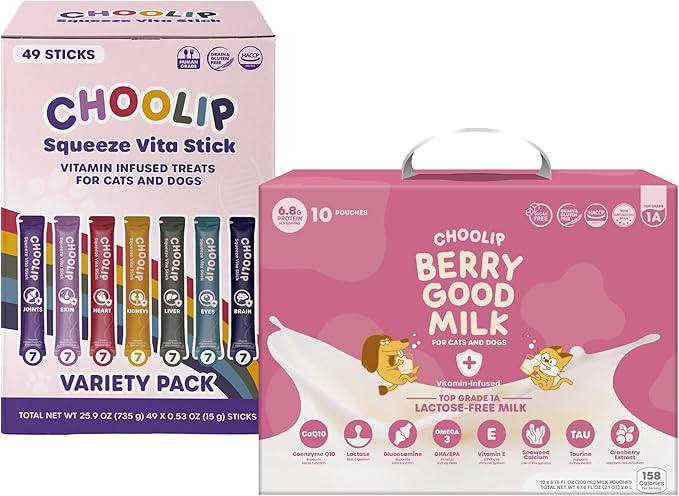 Bundle | Berry Good Milk 10pk Vitamin-Infused + 49 Variety Squeeze Vita Sticks with Essential multivitamins [Both Products are for Cats & Dogs of All Life Stages]-PawvioPets